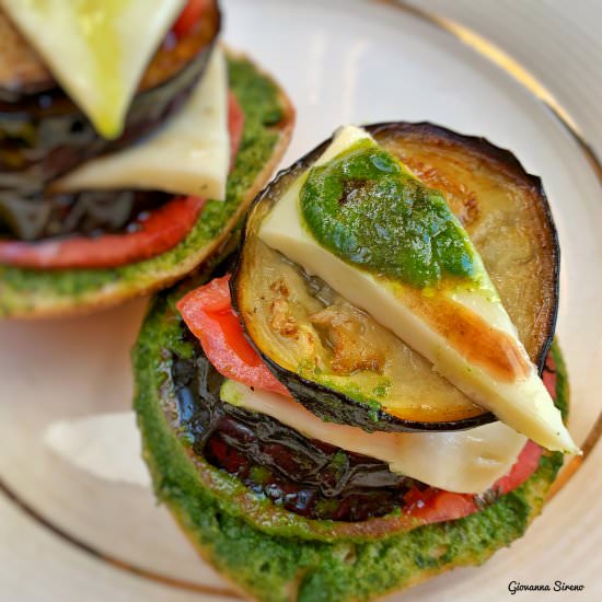 Fried eggplant on a toasted roll