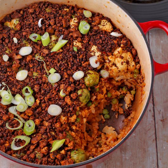 Vegan paella with chorizo tofu