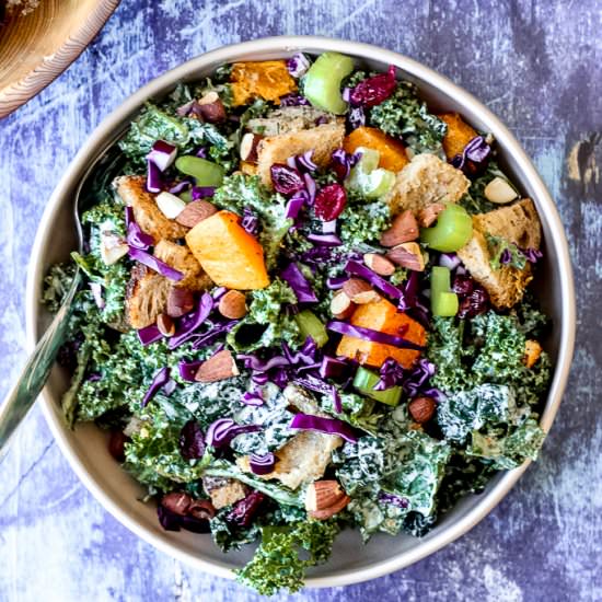 Wintery Tahini Kale Caesar Salad