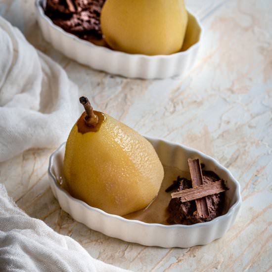 Poached Pears with Chocolate Mousse