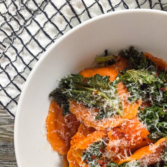 Ravioli with Garlicky Kale