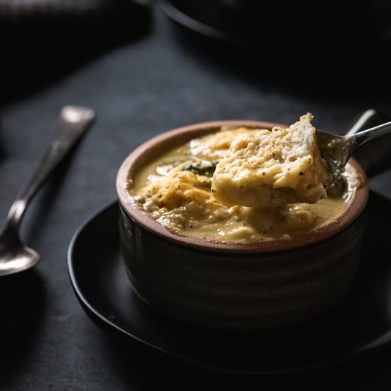 Vegan Broccoli Cheese Dumpling Soup