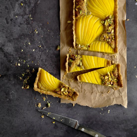 saffron, pear & pistachio tart
