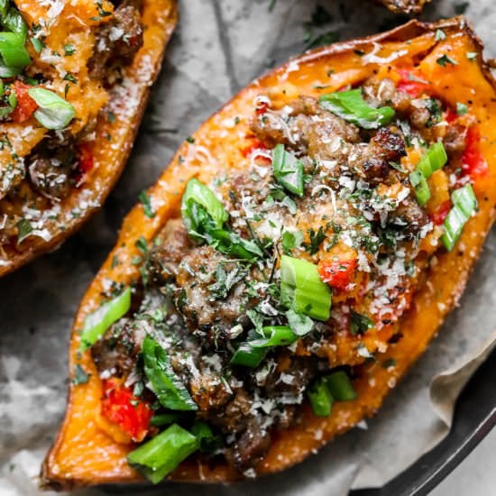 Sausage Twice Baked Sweet Potatoes