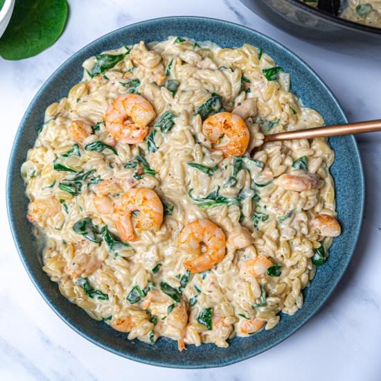 Creamy Lemon Garlic Orzo Prawns