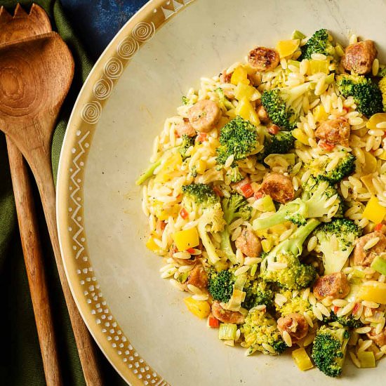 Vegan Sausage & Broccoli Orzo Pasta