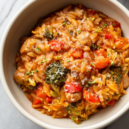 tomato orzo with chicken sausage