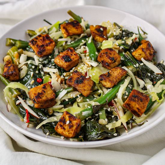 Blackened Tofu and Garlic Greens