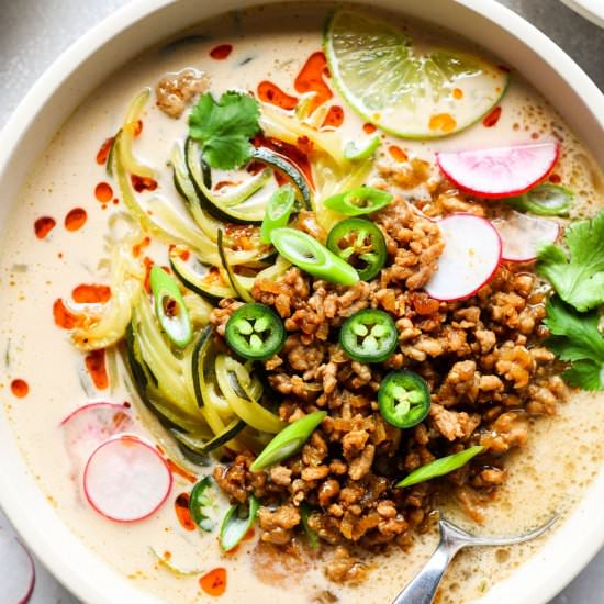Crispy Pork & Zucchini Noodle Soup