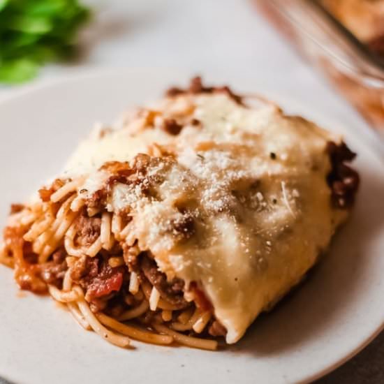 Cheesy baked spaghetti