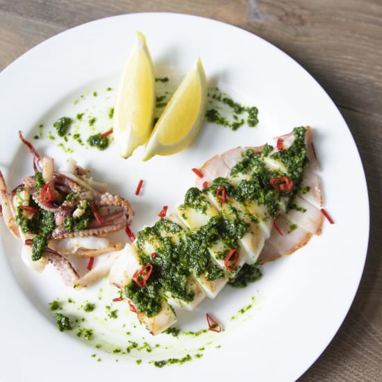 Grilled squid with cilantro pesto