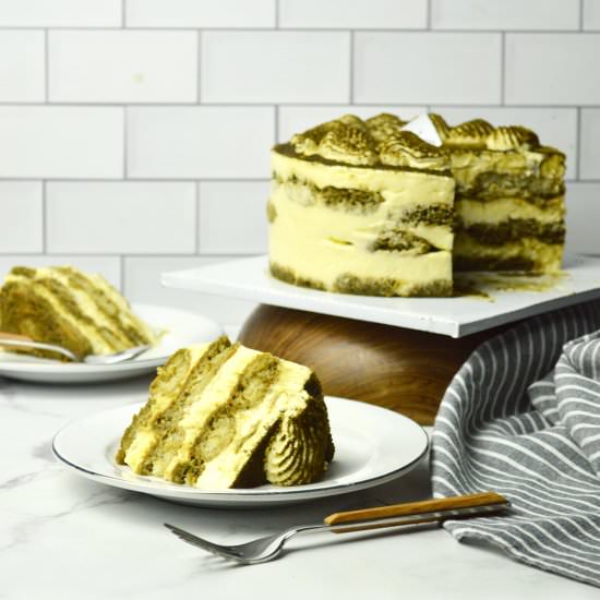 Eggless Hojicha Tiramisu Cake