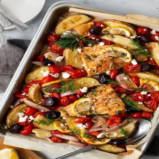 Greek Sheet Pan Cod Dinner