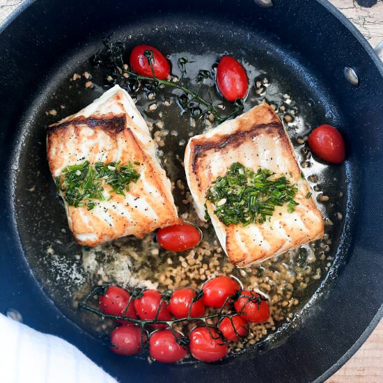 One Pan Halibut with Chive Pistou