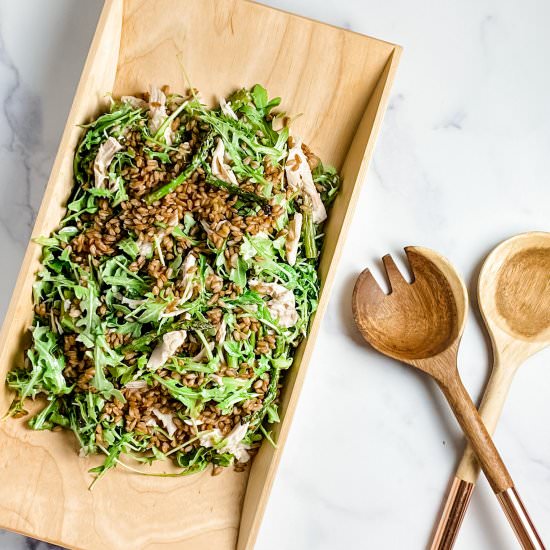 chicken and crispy farro salad