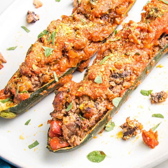 Meaty Vegan Stuffed Zucchini Boats