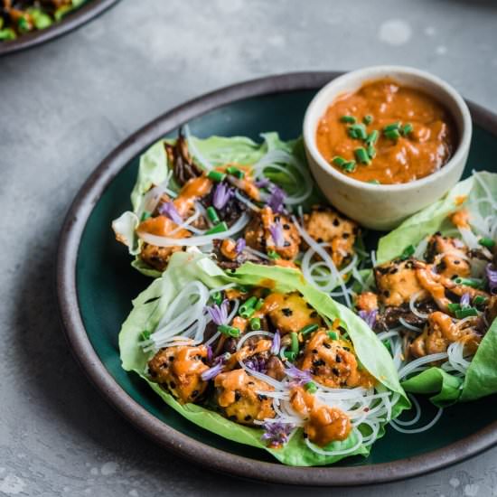 Sesame Tofu Mushroom Lettuce Wraps