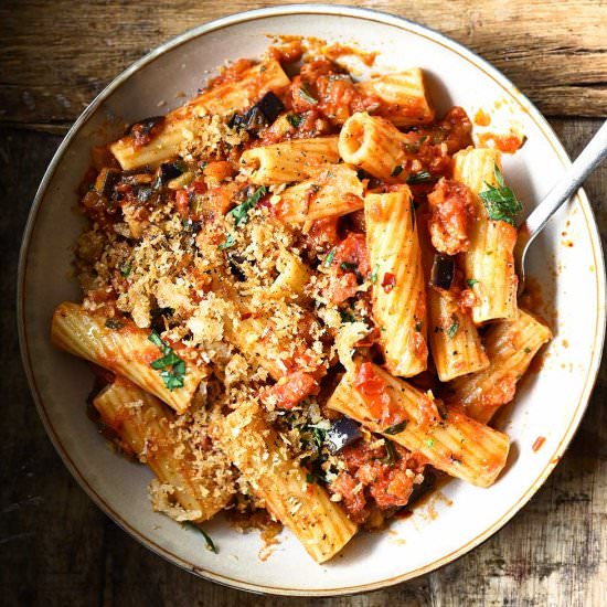 Eggplant Tomato Pasta with Bacon