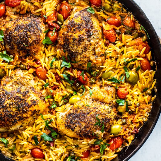 one-pan chicken puttanesca + orzo