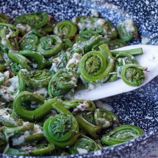 Cheesy Sautéed Fiddleheads