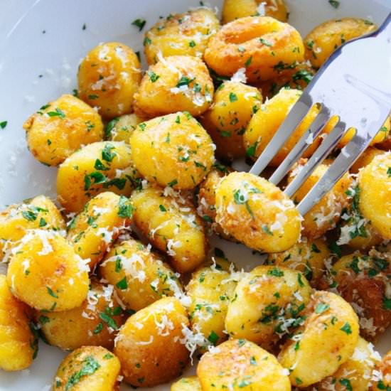 Garlic Butter Parmesan Fried Gnocchi