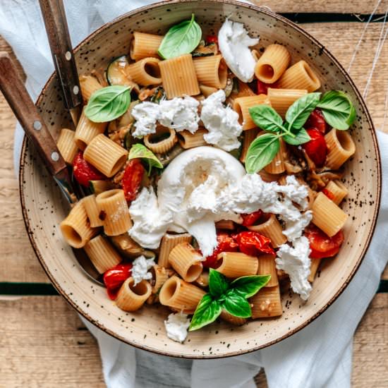 Spring vegetable and burrata pasta