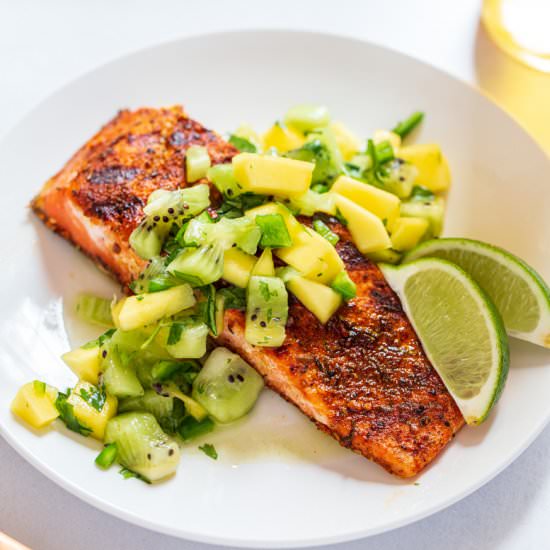 Jerk Salmon with Kiwi Mango Salsa