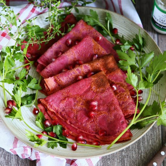 Beetroot Spelt Crepes with Horserad