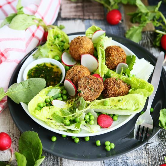 Crumbed Meatballs with Green Pea Sa