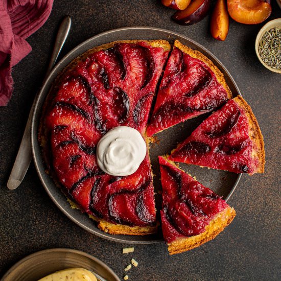 Upside down plum gouda cake