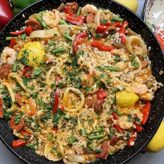 PAELLA with seafood & chorizo