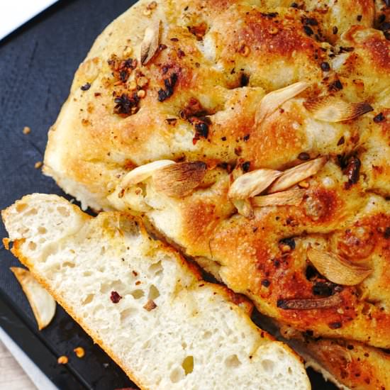 No Knead Focaccia with Chili Oil