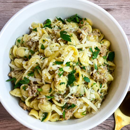 Caramelized Onion, Sausage Pasta