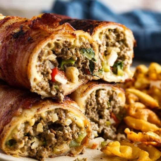 Bacon Wrapped Cheeseburger Burritos