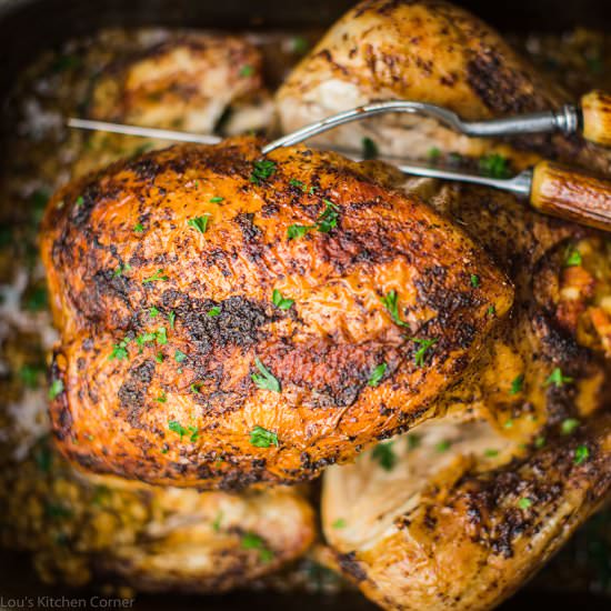 Spicy roast chicken, Greek stuffing