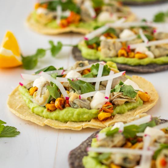 CLAM, AVOCADO & CORN TOSTADAS