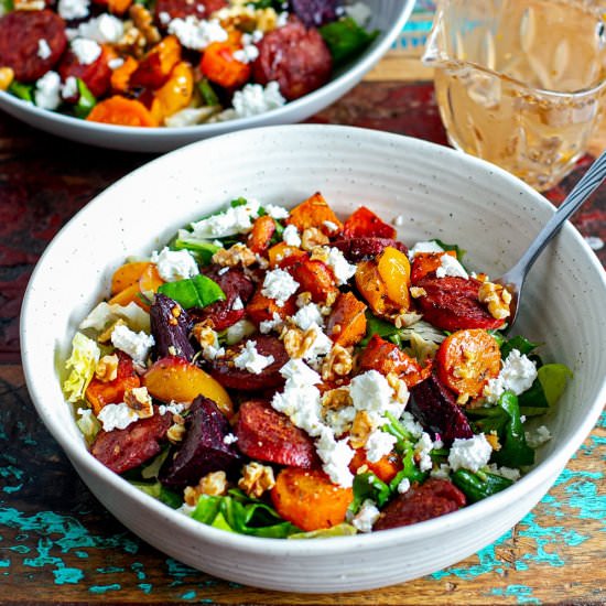 Roast Vegetable Chorizo Feta Salad