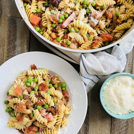 Bacon and Tomato Pasta with Peas