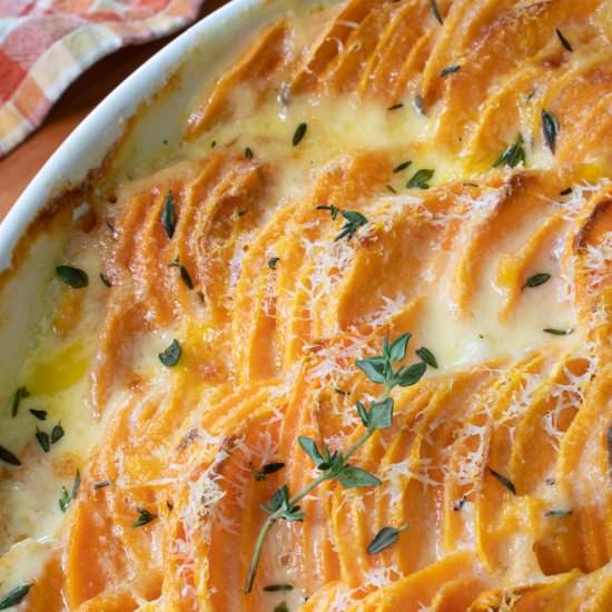 Garlic Butter Scalloped Sweet Potat