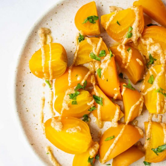 golden beets in lemon garlic sauce