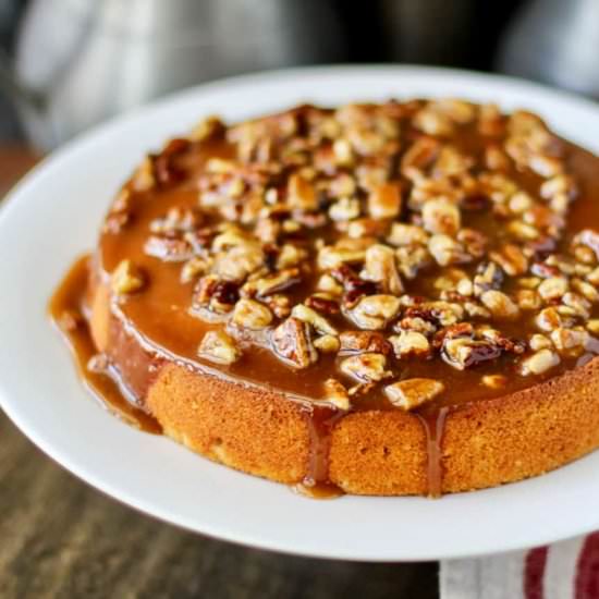 Rum Cake with Glazed Pecan Topping
