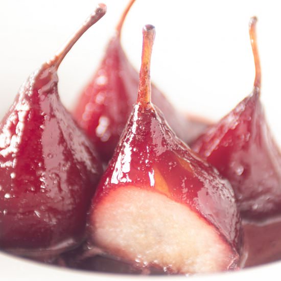 Poached pears in Port and Red wine