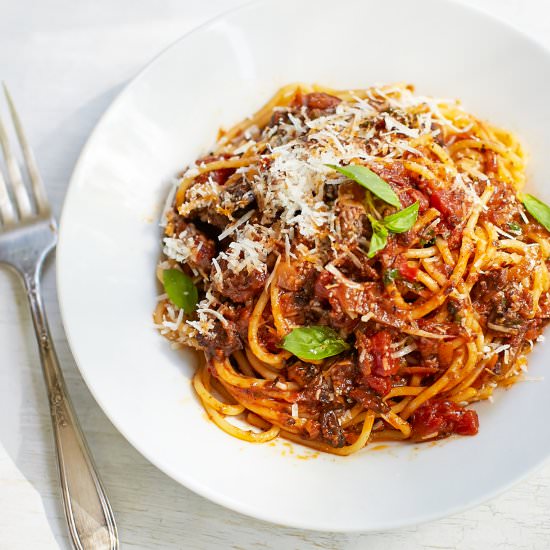 Vege Bolognese with “bacon bits’