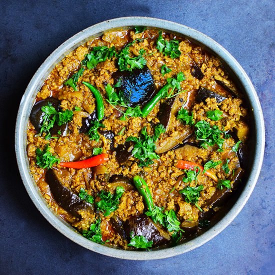Baingan Masala with Pork Keema