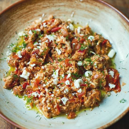 Scrambled Tomato Feta Dill Eggs