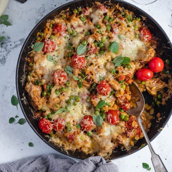 One Pan Chicken & Chorizo Orzo Bake