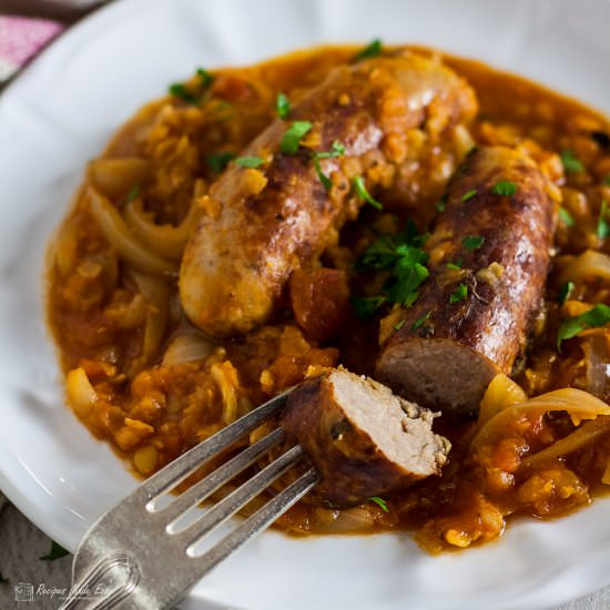 Sausage and red lentil casserole