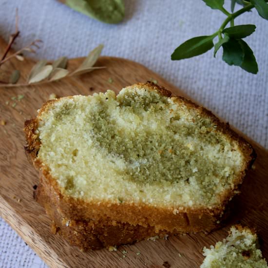 Matcha and vanilla swirled cake