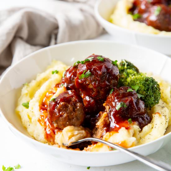 BBQ Meatballs and Mashed Potatoes