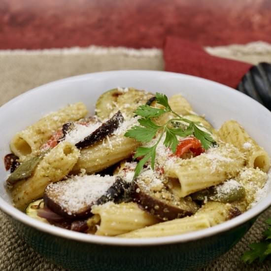 Roast vegetable and pesto pasta